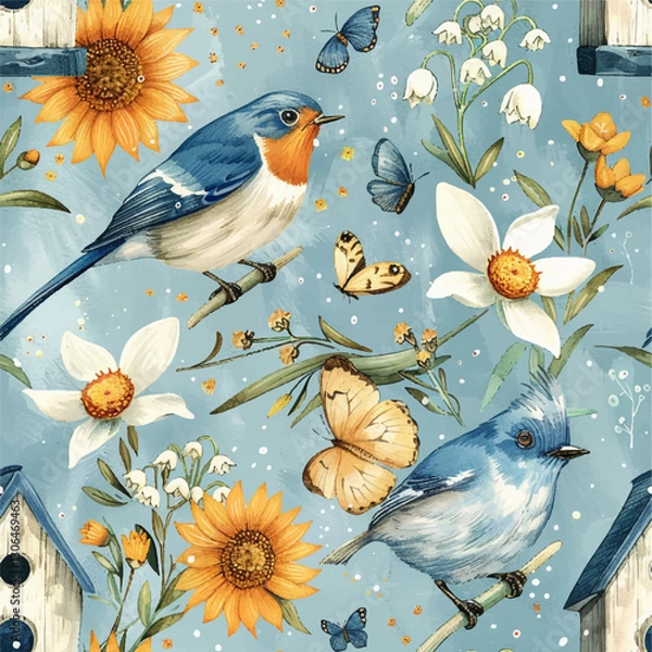 Fototapeta Spring seamless pattern birds, flowers, butterflies and grass on a light background