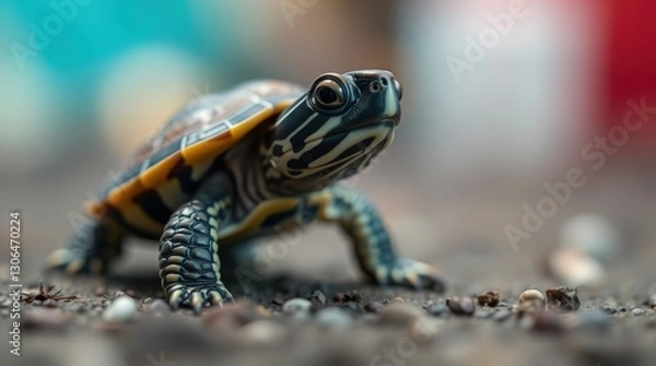 Fototapeta Turtle Close-up: Reptile Wildlife Portrait in Natural Environment, Walking on Ground with Shell and Scales