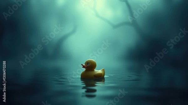 Fototapeta Floating Yellow Rubber Duck Bath Toy with Water Ripples and Soft Lighting