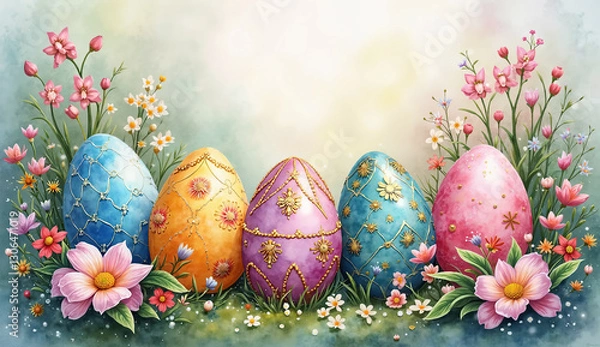 Fototapeta Colorful Painted Watercolor Easter Eggs Artwork – Ideal for Spring Advertising, Greeting Cards, and Digital Campaigns