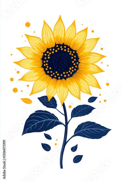 Fototapeta A cheerful sunflower stands tall with its golden petals and dark center, surrounded by delicate leaves and playful dots. This artwork captures the essence of summer and brightness