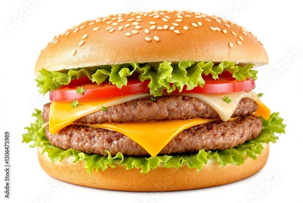Fototapeta Layers of deliciousness come together in this mouthwatering double cheeseburger, featuring fresh lettuce, vibrant tomatoes, and melted cheese, all nestled in a toasted sesame bun
