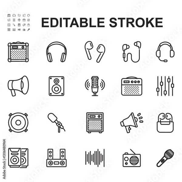 Fototapeta Audio and speaker icons collection. Thin line style vectors. Contains icons such as amplifier, earphone and many more.