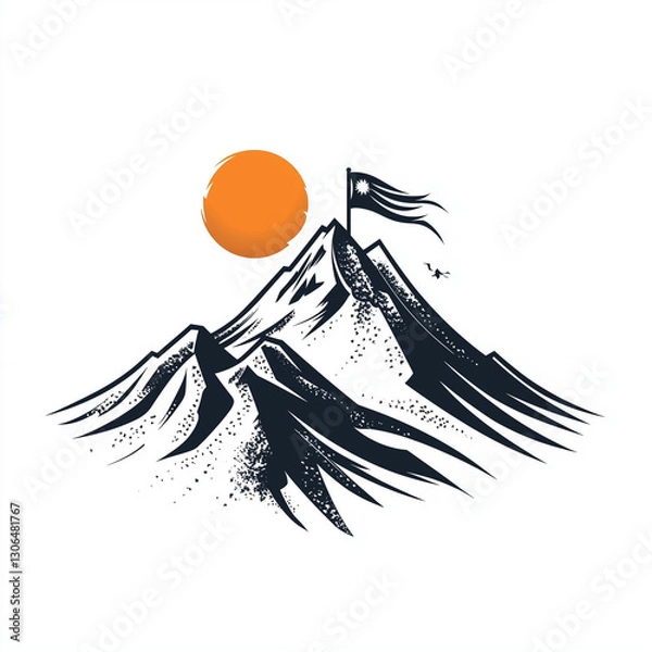 Fototapeta A simple minimalist icon of a mountain peak with a flag