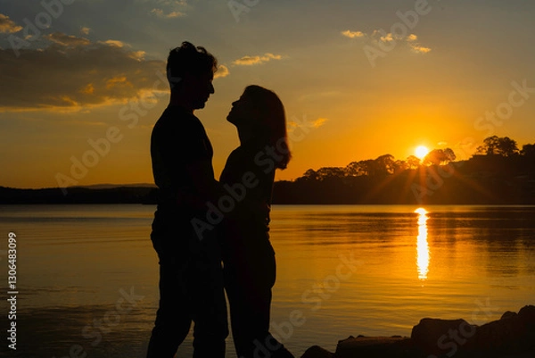 Obraz 夕日の前で見つめ合うカップル