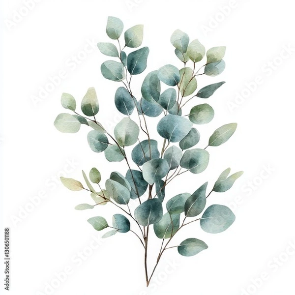 Fototapeta A beautiful watercolor illustration of a eucalyptus branch with soft, green leaves and a gentle, artistic style.