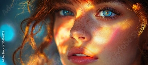 Fototapeta Close-up portrait of a young woman with vibrant blue eyes illuminated by colorful light patterns