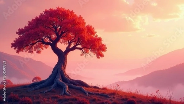 Fototapeta Majestic Crimson Tree on a Misty Mountaintop at Dawn, a Serene Landscape Painting