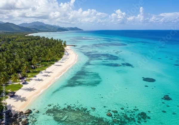Obraz Virginia tropical beach aerial view with clear blue water, waves, and sandy coastline
