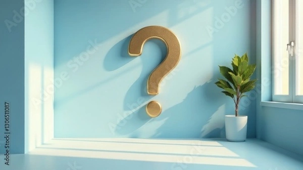 Fototapeta A Golden Question Mark in a Sunlit Room with a Potted Plant