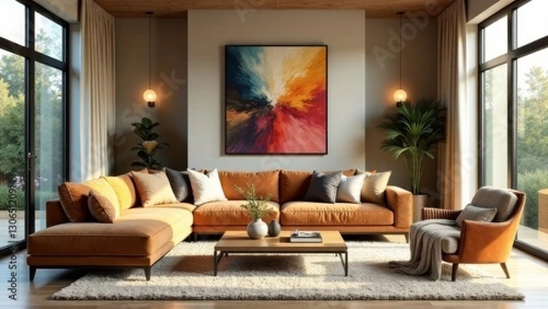 Fototapeta Modern Sectional Sofa and Accent Chair Arrangement in a Sunlit Living Room with Abstract Artwork and Plush Textiles