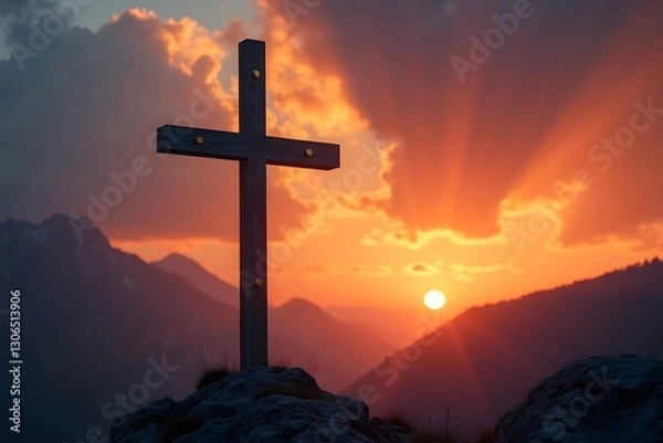 Fototapeta Christian cross on a background with dramatic lighting, colorful mountain sunset, dark clouds and sky and sunbeams.