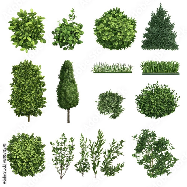 Fototapeta A Diverse Collection of Green Leafy Plants Perfect for Landscape Design, Gardening, and Nature Education Including Shrubs, Small Trees, and Ground Cover Varieties