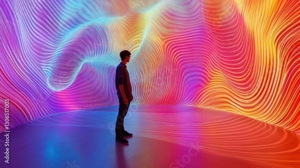 Obraz Man exploring immersive digital art installation with vibrant light waves