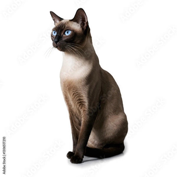 Fototapeta Brown cat with blue eyes is sitting and looking left, transparent png, isolated. Light shines on smooth fur of animal.