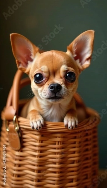 Fototapeta Tiny brown chihuahua's head pokes from wicker purse , pet, adorable, handbag