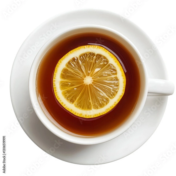 Fototapeta Hot Tea with Lemon Slice in White Cup Isolated Top View