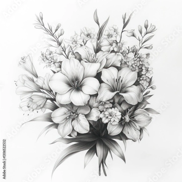 Fototapeta Detailed grayscale illustration of a floral bouquet, featuring various flower types, leaves, and stems, presented in a visually rich and delicate design..