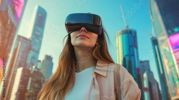 Obraz Young Woman Enjoying Virtual Reality Experience in Urban Setting