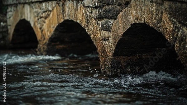 Fototapeta an ancient stone bridge over a river, highlighting the rough textures of the stones and rippling water below