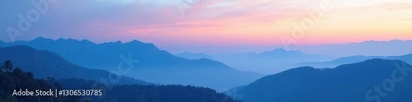 Obraz Gradient sky reflects off layered blue mountains with dew drops, gentle hues, gradient