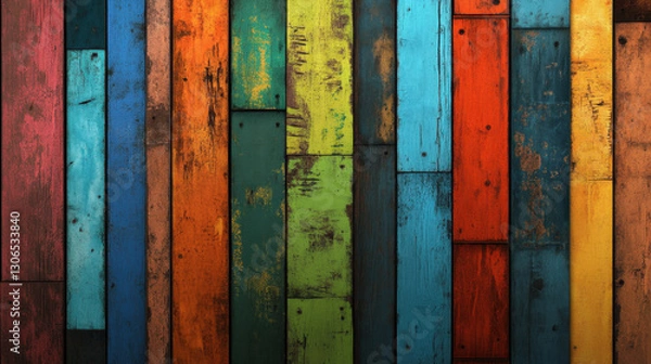 Fototapeta Colorful wooden board texture with vibrant hues and rustic charm. This wallpaper showcases mix of blue, green, orange, and red tones, creating lively and artistic backdrop