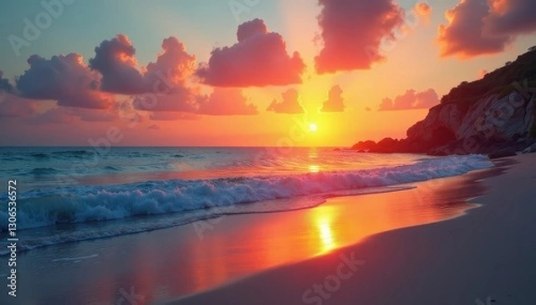 Obraz Burning orange sun dips below horizon, tranquil beach scene , color, peaceful, calm