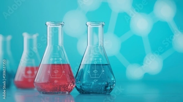 Obraz Colorful laboratory glassware with red and blue liquids on a blurred scientific background