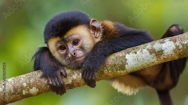 Fototapeta A relaxed capuchin monkey is resting on a tree branch peacefully