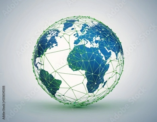 Fototapeta Stylized digital globe logo, featuring interconnected lines and dots to symbolize global connectivity and advanced technology, in cybernetic blue and digital green colors, white background