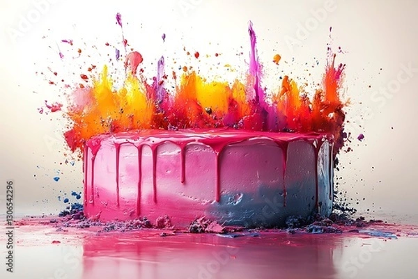 Fototapeta Cake explodes colorfully in a bright, clean studio