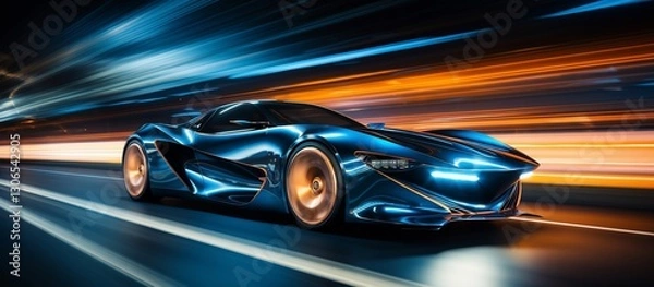 Fototapeta Futuristic blue sports car speeding on a highway at night with vibrant light trails