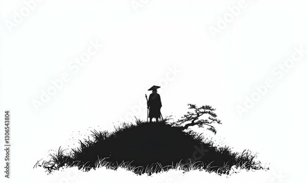 Fototapeta Samurai Silhouette on a Hill Against a Minimalist Background