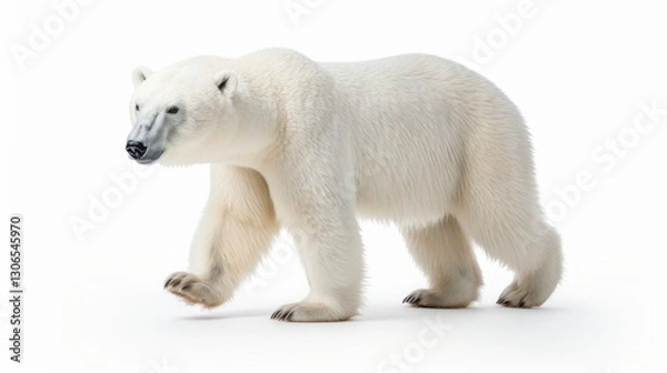 Fototapeta A single, detailed polar bear walking across an icy white background, highlighting its natural fur texture with professional studio lighting