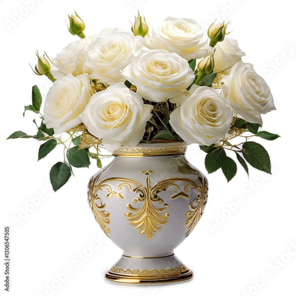 Fototapeta A luxurious white porcelain flower vase with intricate gold patterns