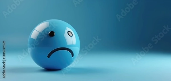 Fototapeta Sad blue emoticon sphere on gradient background expressing negative emotions, bad feelings. Depressed mood icon with frowning face, symbol of solitude, loneliness, reflection. Round plastic 3D
