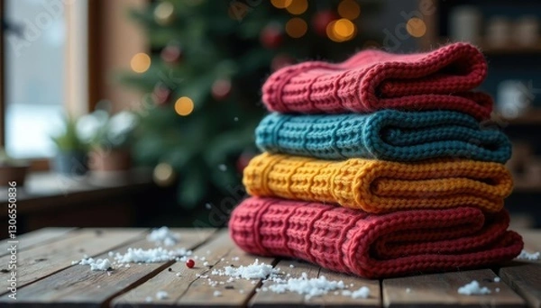 Fototapeta Layered garments stacked on wooden table in winter scene, cold weather, knitted clothes, rustic furniture