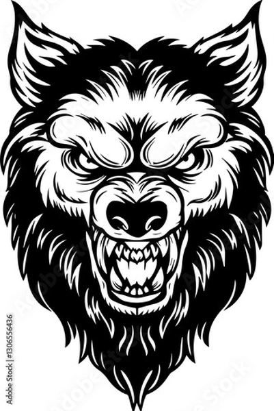 Fototapeta SVG vector features dark fantasy demons and monsters. Fierce Wolf Head Design in Black and White, Intense Expression