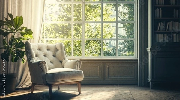 Fototapeta A quiet room with a plush chair by the window, perfect for reading or relaxation.