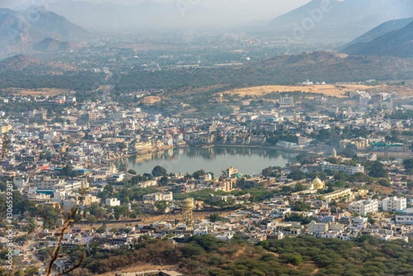 Obraz Panoramic view of Pushkar city from Savitri goddess temple, Rajasthan, India, 24 Jan 2024