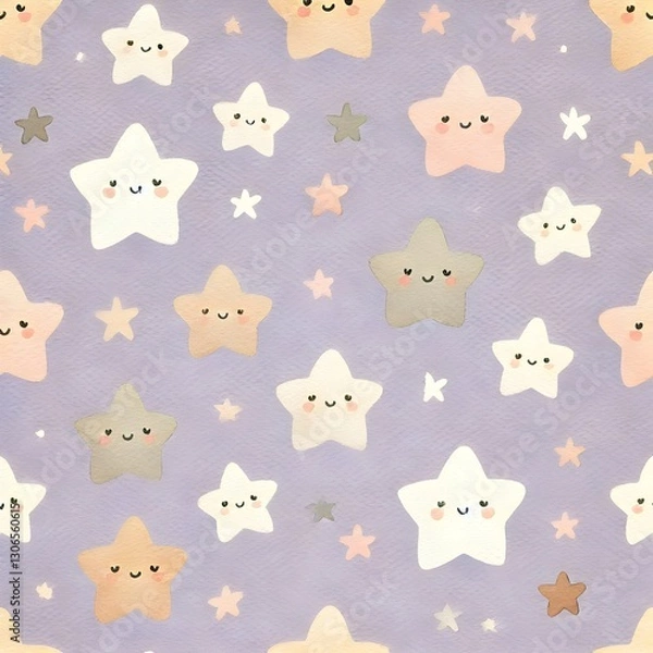 Obraz Cute seamless pattern featuring pastel-colored smiling stars on a soft purple background, perfect for kids' designs, wallpapers, and textiles.  