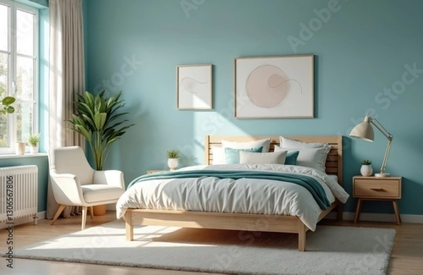 Fototapeta Cozy blue bedroom modern interior, comfortable bed. Bedside table features lamp. Home design includes chair, plants, frames on wall. Interior estate, apartment offers relax, comfort lifestyle, cozy