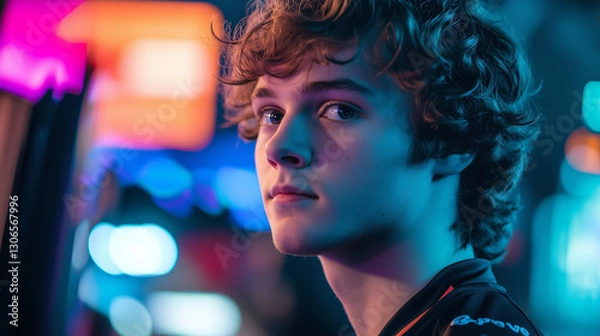 Fototapeta focused young gamer immerses himself in streaming live, his concentration shows his passion for connecting with his viewers, engaged in exciting virtual world