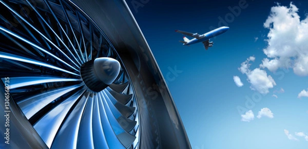 Fototapeta Close-up of aircraft jet engine turbine against a blue sky with white clouds and starting airplane - 3D illustration