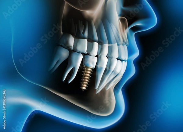 Fototapeta Close-up of a dental implant with crown in the lower jaw against a dark background - X Ray 3D illustration