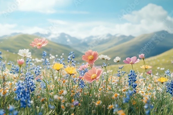 Fototapeta Colorful wildflowers bloom in mountain meadow