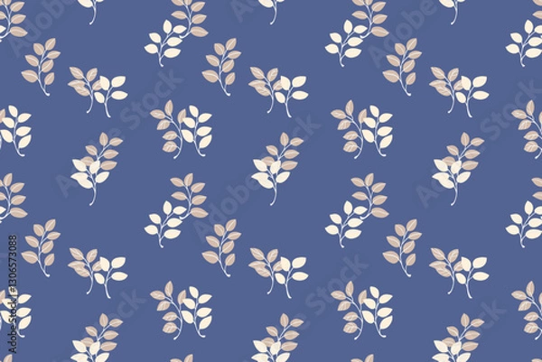 Fototapeta Seamless pattern featuring delicate foliage with beige leaves on a blue background. Design is perfect for textiles, packaging, invitations, and wallpapers.