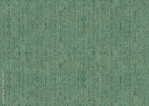 Obraz Hand-drawn unique abstract seamless ornament. Dark green on light cold green background, with splatters of golden glitter. Paper texture. Digital artwork, A4. (pattern: p14b)