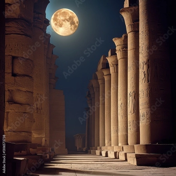 Fototapeta A mysterious ancient temple bathed in soft moonlight, its stone pillars and intricate carvings reflecting a golden glow ar 16:9 v 6.1 q 2