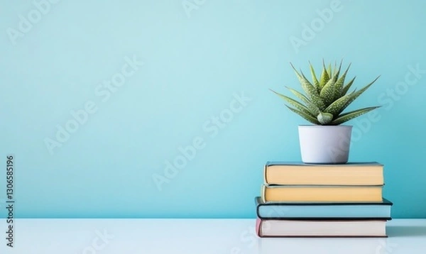 Fototapeta Potted Succulent Sitting on a Stack of Books on a Light Background